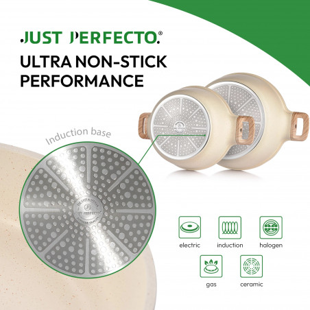 Set oale si tigai Just Perfecto JL-28, 15 piese, Turnat, Acoperire din marmura, Inductie, Accesorii, Bej