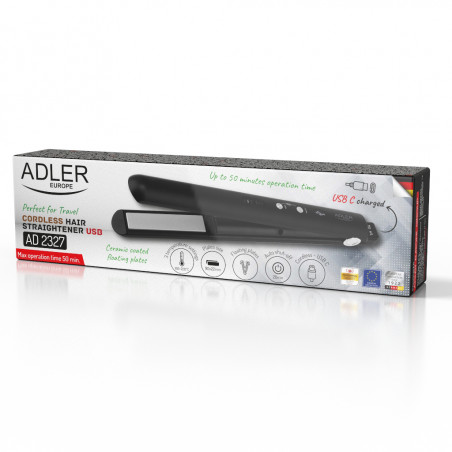 Placa pentru indreptare par Adler AD 2327, 70W, Placi plutitoare, Ceramica, Autonomie 50 min, 3 trepte pana la 200°C, Negru