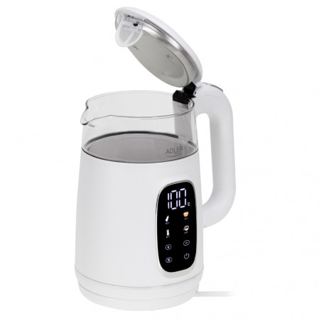Cana electrica Adler AD 1305, 1850/2200 W, 1,7 l, Control tactil, Afisaj LCD color, 5 setari temperatură 40-100°C, Filtru antidecantare, Alb