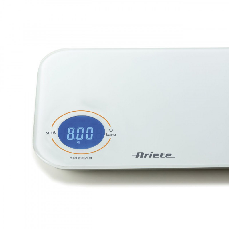 Cantar de bucatarie digital Ariete BILANCIA DIGITALE 0851, Pana la 8 kg, Sticla rezistenta, TARA, Afisaj digital, Alb