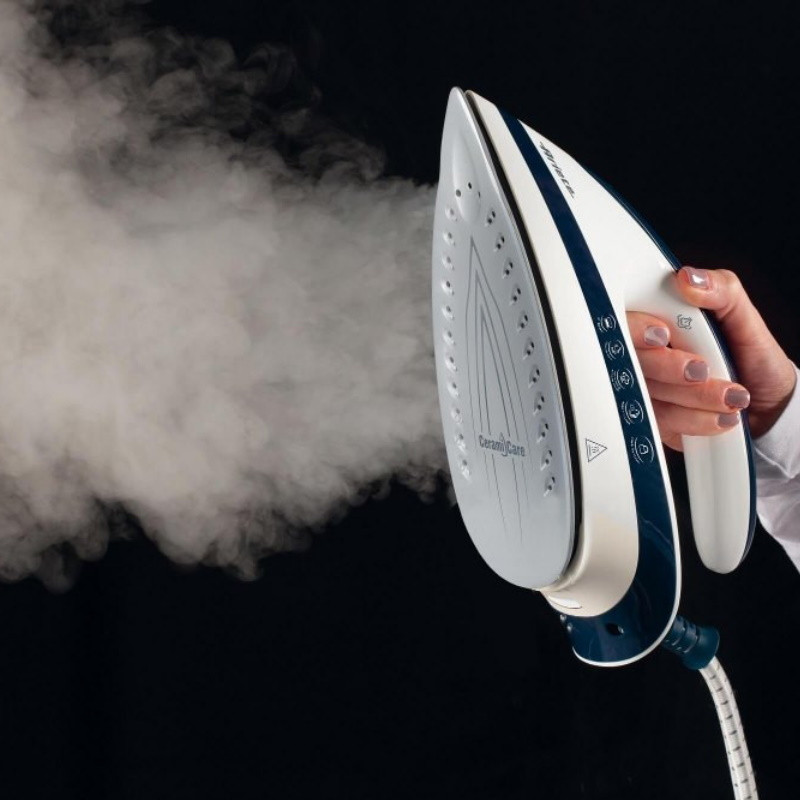 Statie de calcat cu aburi Ariete STEAM POWER PRO 5571/00, 2400W, 7 bar, 1.8 L, Placa ceramica, Degresant, Functie economisire energiei, Alb/Albastru