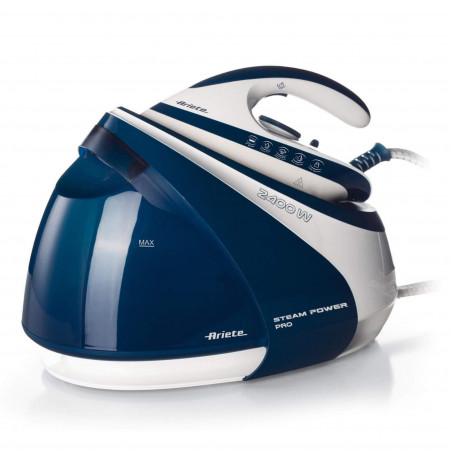 Statie de calcat cu aburi Ariete STEAM POWER PRO 5571/00, 2400W, 7 bar, 1.8 L, Placa ceramica, Degresant, Functie economisire energiei, Alb/Albastru
