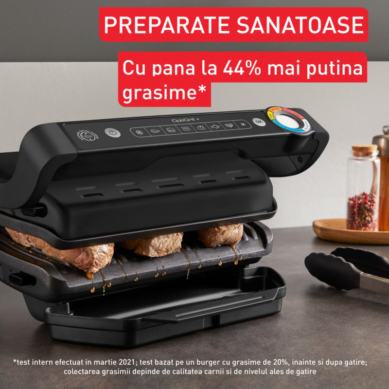Gratar electric Tefal OptiGrill+ GC717810, 2000W, 6 programe, Acoperire antiaderenta Teflon, Ecran tactil, Smart grill, Max 240C, Negru