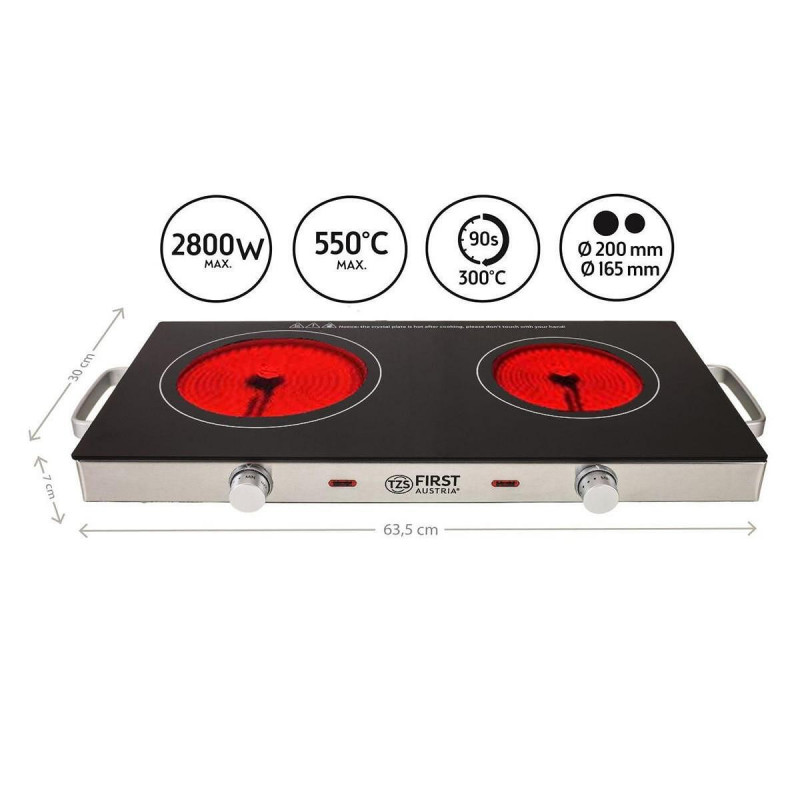 Plită dubla cu infrarosu FIRST FA-5096-7, 2800W, Pana la 300°C, Termostat, Sticla ceramica, Negru/Inox