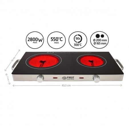 Plită dubla cu infrarosu FIRST FA-5096-7, 2800W, Pana la 300°C, Termostat, Sticla ceramica, Negru/Inox