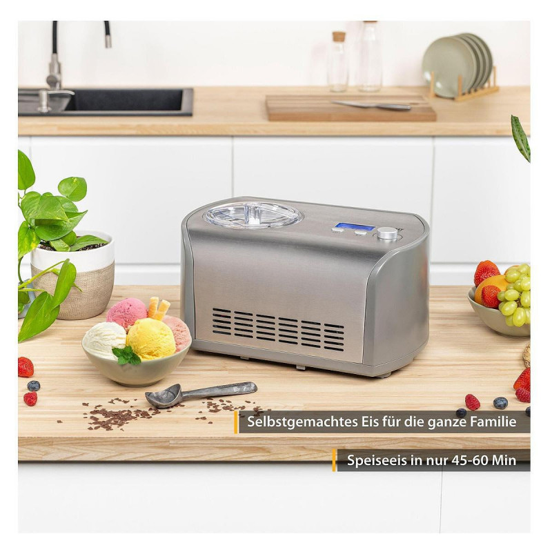 Masina preparare inghetata First Austria FA-5105-1, 135W racire cu compresor, 1,2 L, Timer, Timp de preparare 45-60 min, Afisaj LCD, Inox
