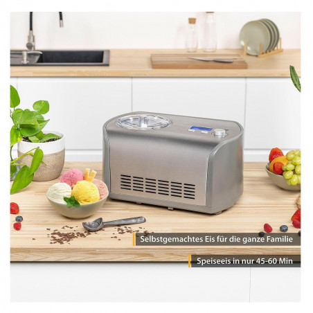 Masina preparare inghetata First Austria FA-5105-1, 135W racire cu compresor, 1,2 L, Timer, Timp de preparare 45-60 min, Afisaj LCD, Inox