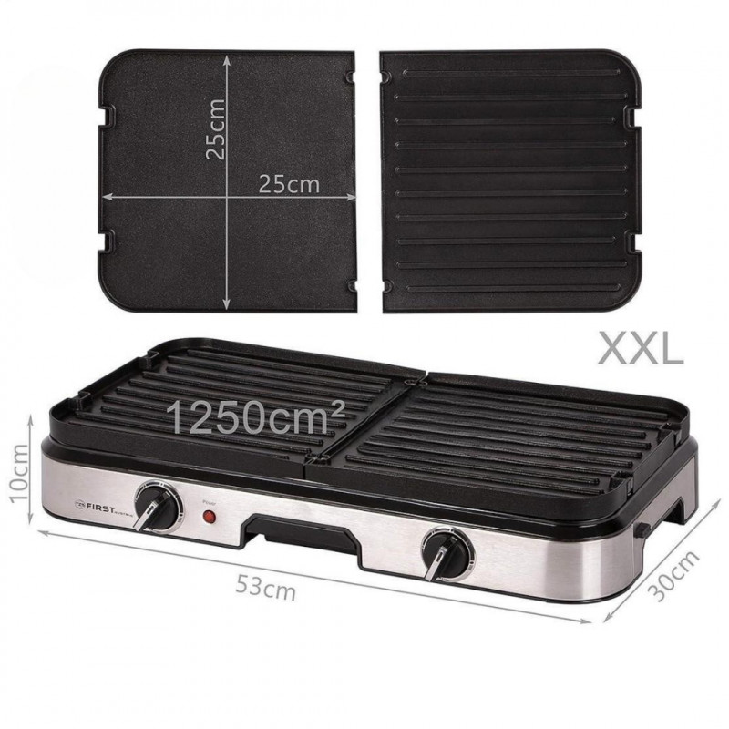 Gratar electric First Austria FA-5346, 2000W, 2 zone independente, Termostat, Acoperire antiaderenta, Tava de grasime, Negru/inox