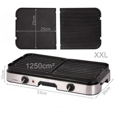 Gratar electric First Austria FA-5346, 2000W, 2 zone independente, Termostat, Acoperire antiaderenta, Tava de grasime, Negru/inox