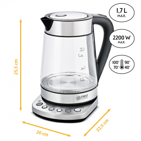 Cana electrica First Austria FA-5405-9, 2200W, 1,7 L, 4 setari, LED Indicator, Mentinere la cald, Inox