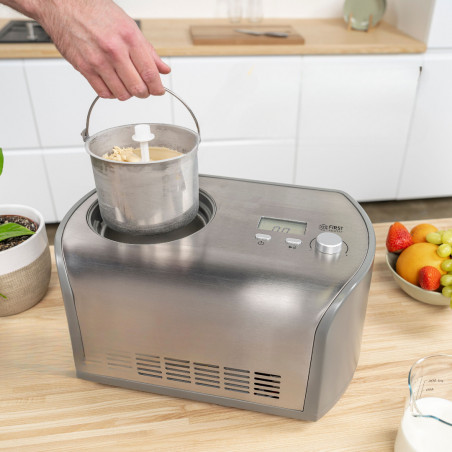 Masina preparare inghetata First Austria FA-5105-1, 135W racire cu compresor, 1,2 L, Timer, Timp de preparare 45-60 min, Afisaj LCD, Inox