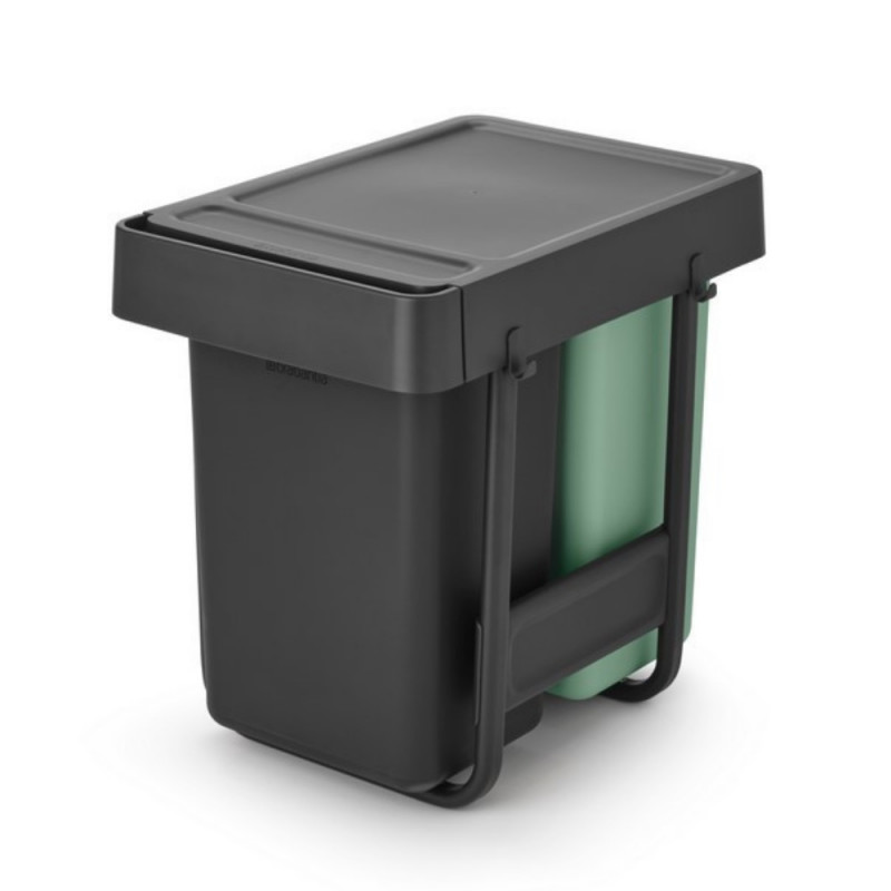 Cos de gunoi colectare selectiva Brabantia Sort&Go 1008862, 2x15 L, Montaj intern cu cadru telescopic, Gri/verde