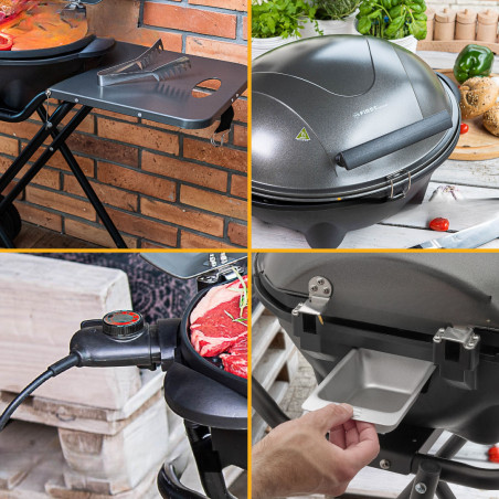Gratar electric First Austria FA-5350-1, 2400W, Termostat, Termometru, Placa antiaderenta, Alimentare impermeabila, Roti, Negru