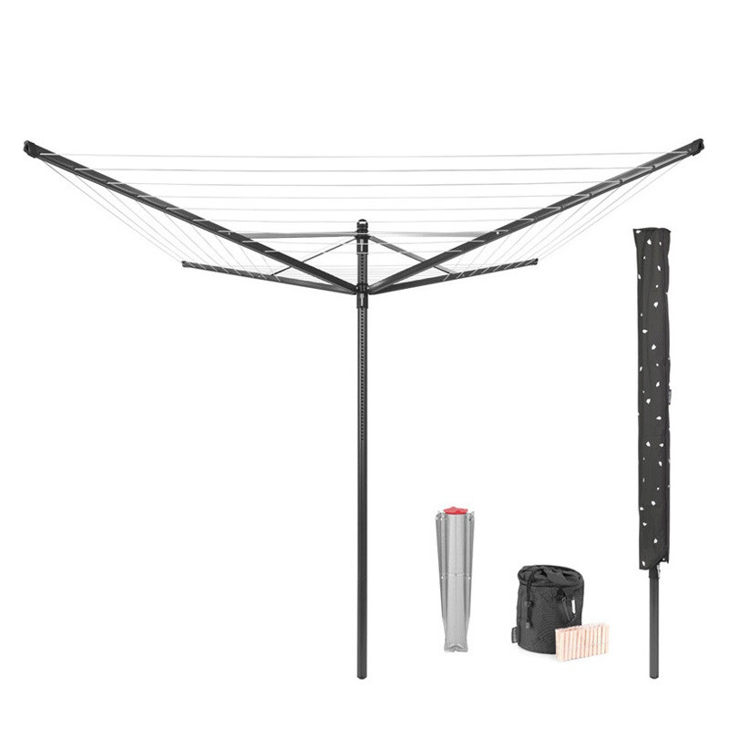 Uscator de rufe pentru exterior Brabantia Lift-O-Matic 1003467, 50 m, Inaltime reglabilă, Baza pentru betonare, Husa, Geanta clesti, Rezistent la coroziune, Negru