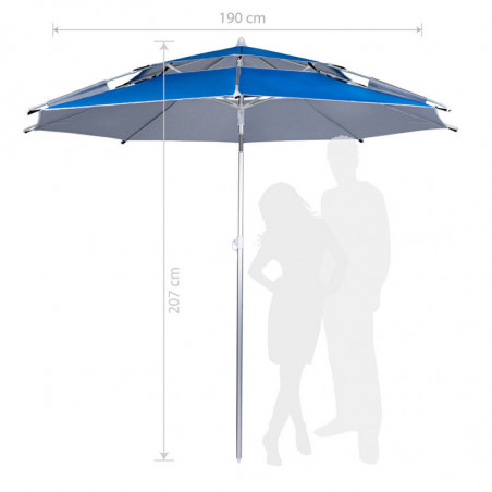 Umbrela de plaja Muhler 22511008629, Ø190 cm, Inaltime 203 cm, 8 spite din fibră de sticla, Inclinare reglabilă, protecție UV UPF 50+, Albastru