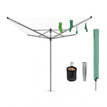 Suport exterior Brabantia Lift-O-Matic 1003466, 50 m, înălțime reglabilă, țeapă metalică pentru fixare în pământ, husă, sac cu agrafe, rezistent la coroziune, oțel inoxidabil