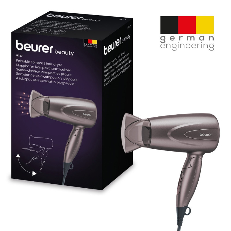 Uscător de păr Beurer HC 17, 1300 W, 2 viteze, 2 niveluri, Mâner pliabil, Duză subțire, Concentrator, Gri