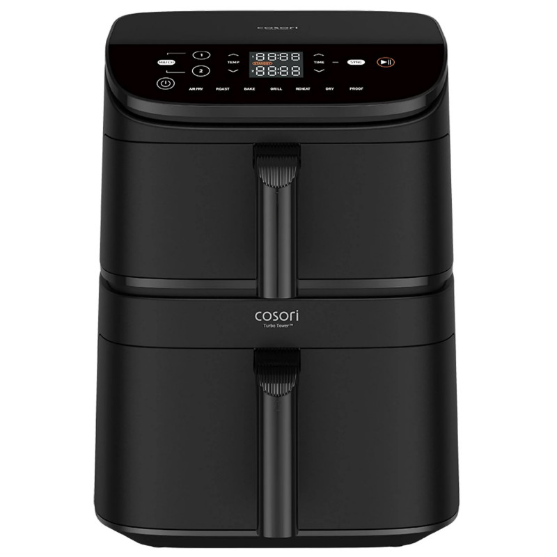 Cosori Double Hot Air Fryer CAF-DC121 Turbo Tower, 2630W, 4.3/6.5 L, 7 programe, 30-230C, control tactil, cronometru, pereți reci, negru