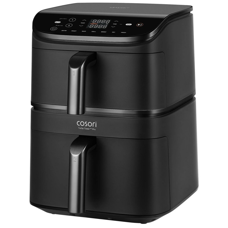 Cosori Double Hot Air Fryer CAF-DC121 Turbo Tower, 2630W, 4.3/6.5 L, 7 programe, 30-230C, control tactil, cronometru, pereți reci, negru