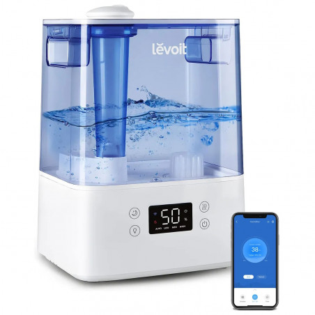 Umidificator de aer smart cu ultrasunete Levoit Classic 300S, 47 m2, 26W, 6 L, Smart, WiFi, Comenzi vocale, Autonomie 60 h, Alb/albastru