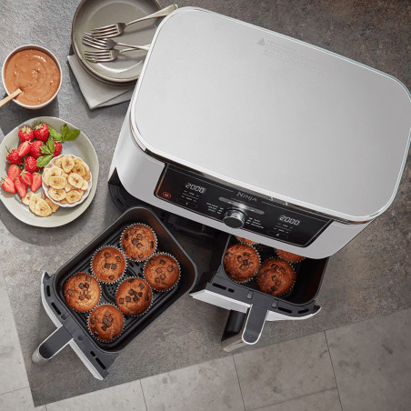 Friteuza dubla cu aer cald Ninja AF400EUWH, 2470W, 9.5 L, 6 programe, 40-240°C, Zone independente, Alb