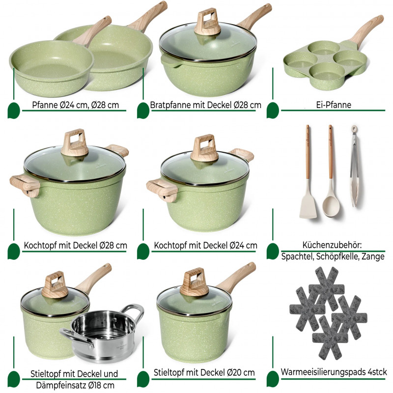 Set oale si tigai Just Perfecto JL-723, 21 h, Aluminiu turnat, Acoperire din marmura, Inductie, Steamer, Accesorii, Verde
