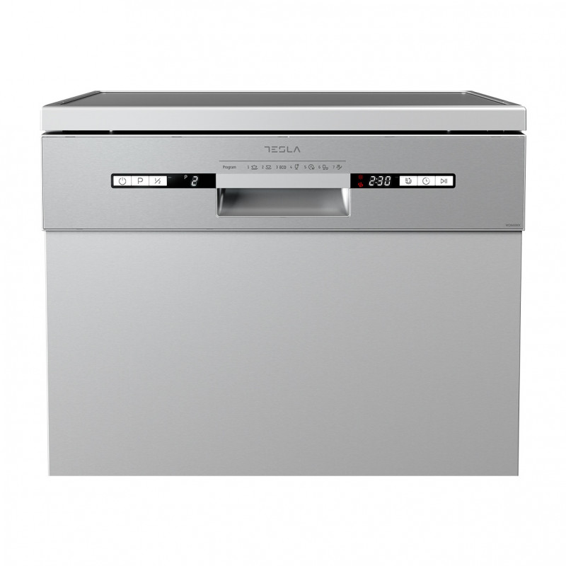 Masina de spalat vase Tesla WD661MX, 2100W, Clasa E, 7 programe, Start intarziat, Control electronic, Blat mobil, Incărcare pe jumatate, Inox