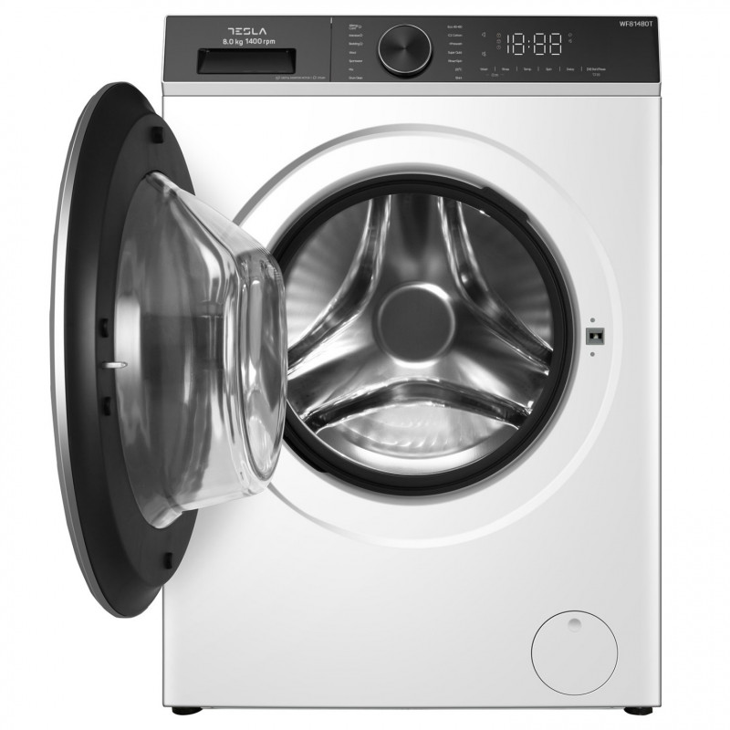Masina de spalat cu Încarcare frontala Tesla WF81480T, 1900W, 8 kg, 1400rpm, Motor Inverter, Clasa A, 14 programe, Alb/Negru