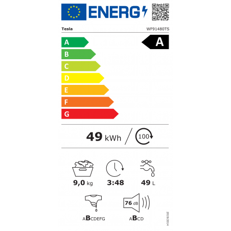 Masina de spalat cu incarcare frontala Tesla WF91480TS, 1900W, 9 kg, 60 L, 14 programe, 1400 rpm, Clasa A, Steam Care, LED, Argintiu