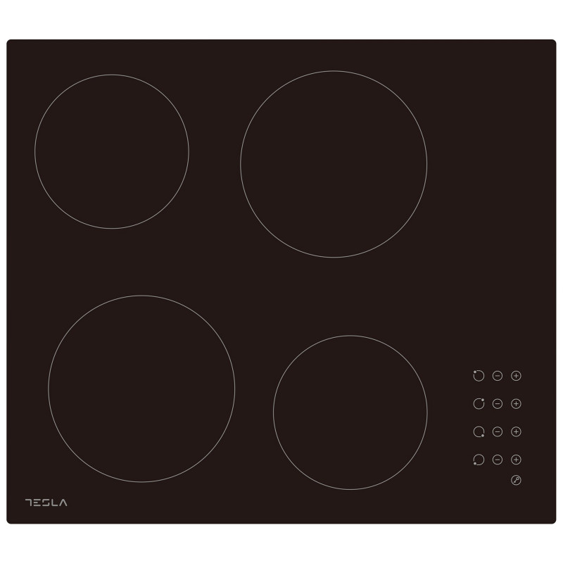 Plită vitroceramică Tesla HV6402MB, 6600W, 9 grade, 4 zone, temporizator, protecție pentru copii, indicator de căldură reziduală, muchie bizotată, negru
