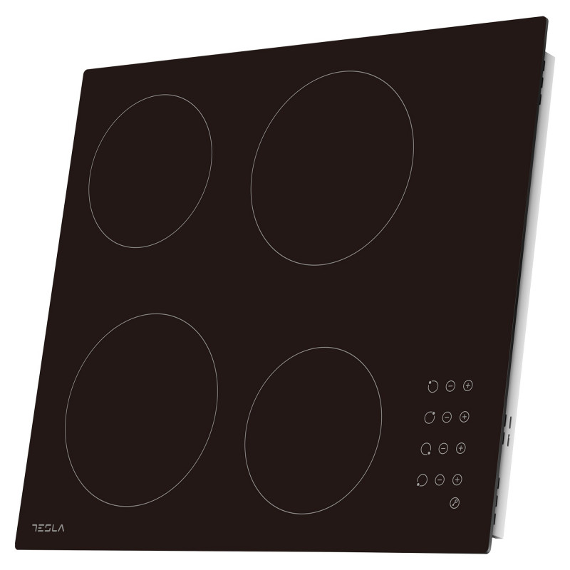Plită vitroceramică Tesla HV6402MB, 6600W, 9 grade, 4 zone, temporizator, protecție pentru copii, indicator de căldură reziduală, muchie bizotată, negru