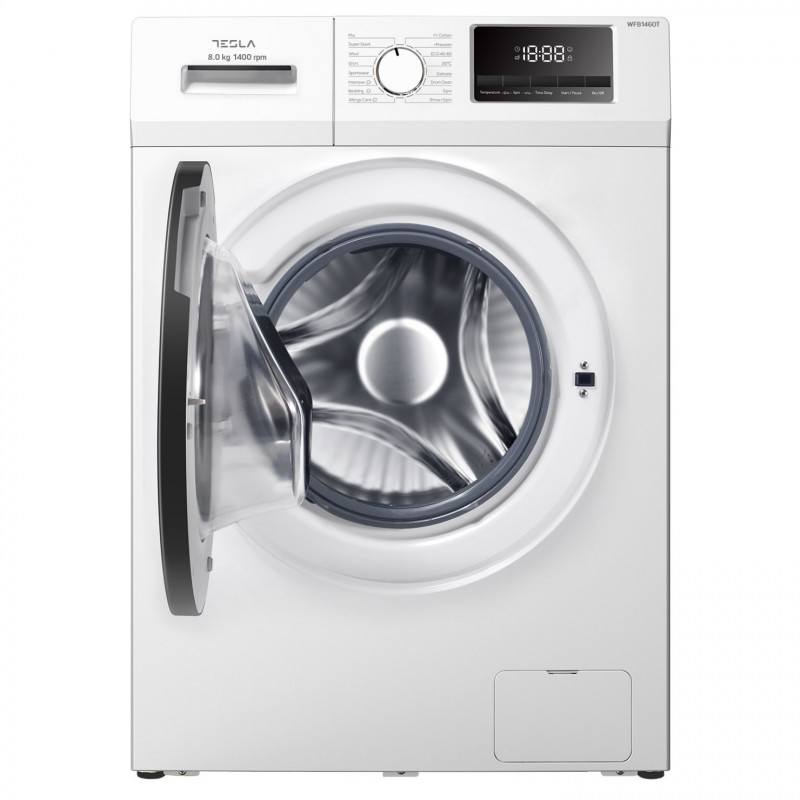 Masina de spalat cu incarcare frontala Tesla WF81460T, 1900W, 8 kg, Motor Inverter, 1400 rpm, Clasa A, 16 programe, Smart Wash, Alb