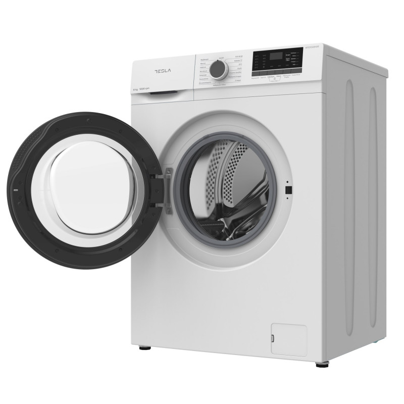 Masina de spalat cu incarcare frontala Tesla WF61030K, 1950W, 6 kg, 1000 rpm, 16 programe, Clasa E, Afisaj LED, Blocare copii, Alb/Negru