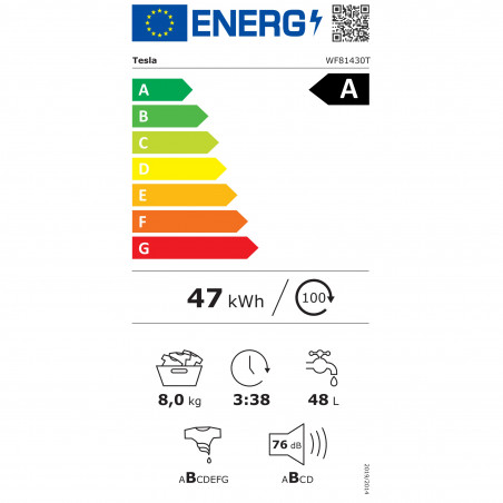 Masina de spalat cu incarcare frontala Tesla WF81430T, 2050W, 8 kg, 53 L, 16 programe, 1400 rpm, clasa A, Steam Care, LED, Alb