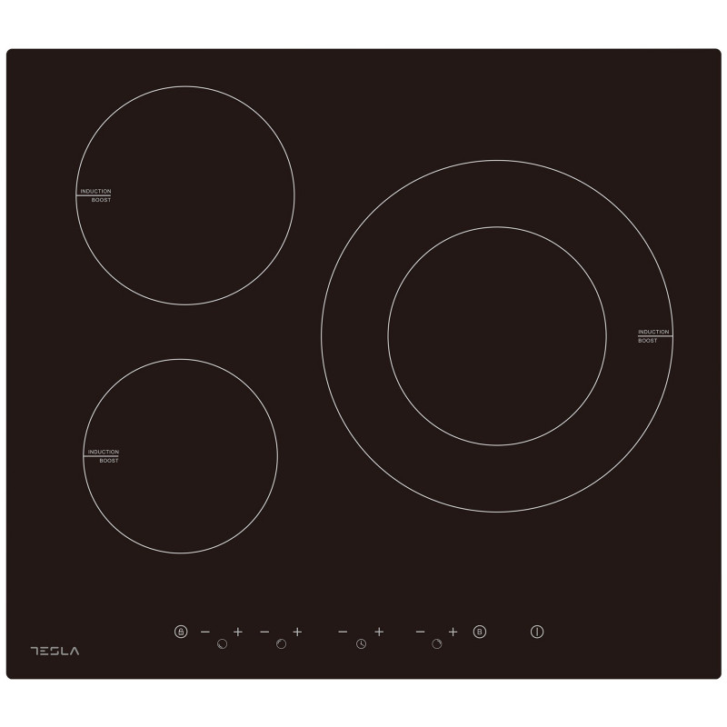 Plită vitroceramică Tesla HI6301MB, 7400W, 9 grade, 3 zone, protecție pentru copii, indicator de căldură reziduală, senzor pentru tigaie, negru