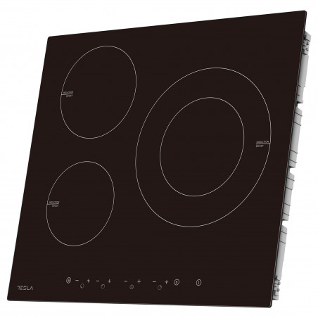 Plită vitroceramică Tesla HI6301MB, 7400W, 9 grade, 3 zone, protecție pentru copii, indicator de căldură reziduală, senzor pentru tigaie, negru
