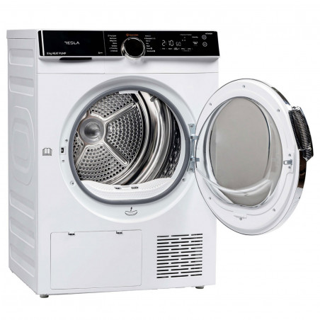 Uscator de rufe Tesla WT8H92M, 8 kg, 12 programe, Condensare cu pompa de caldura, LED, Protectie copii, Mod noapte, Alb/Negru