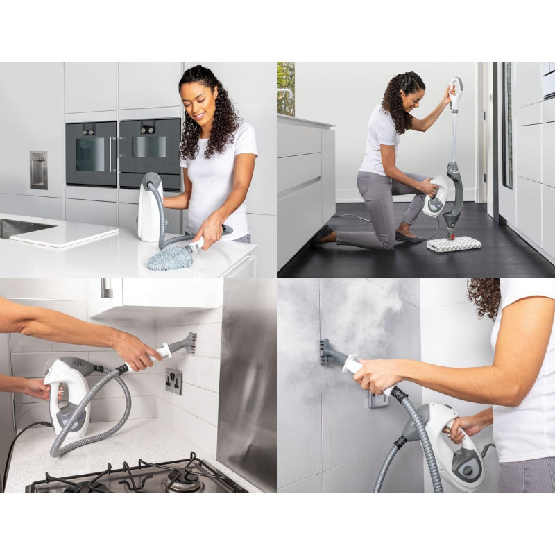Mop curatare cu aburi Shark S6005EU, 1200W, 0,5 L, 2 setari, Tehnologie Klick'n Flip, Steam Blaster, Lavete mop Dirt Grip, Alb/Gri