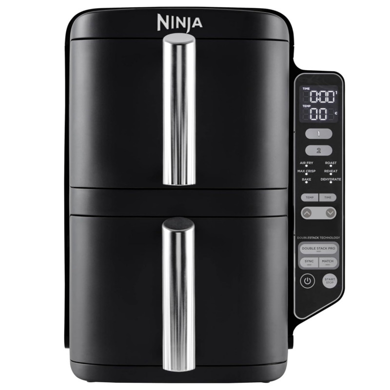 Friteuza dubla cu aer cald Ninja SL300EU, 2470W, 7.6 L, 40-240°C, 2 cosuri, 6 programe, Sincronizare, Timer, Auto stop, Negru
