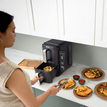 Friteuza dubla cu aer cald Ninja SL300EU, 2470W, 7.6 L, 40-240°C, 2 cosuri, 6 programe, Sincronizare, Timer, Auto stop, Negru