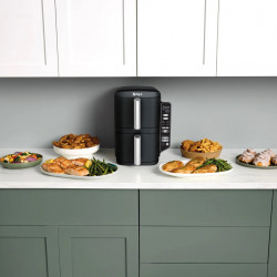 Friteuza dubla cu aer cald Ninja SL300EU, 2470W, 7.6 L, 40-240°C, 2 cosuri, 6 programe, Sincronizare, Timer, Auto stop, Negru