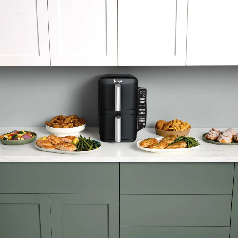 Friteuza dubla cu aer cald Ninja SL300EU, 2470W, 7.6 L, 40-240°C, 2 cosuri, 6 programe, Sincronizare, Timer, Auto stop, Negru