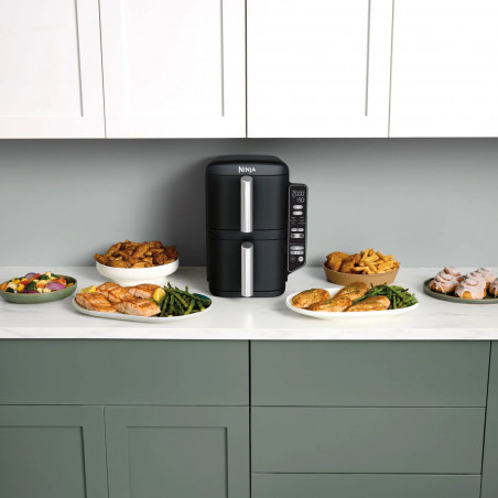 Friteuza dubla cu aer cald Ninja SL300EU, 2470W, 7.6 L, 40-240°C, 2 cosuri, 6 programe, Sincronizare, Timer, Auto stop, Negru