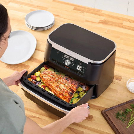 Friteuza dubla cu aer cald Ninja AF500EU, 10.4 L, 7 programe, Timer, Zone independente, Negru