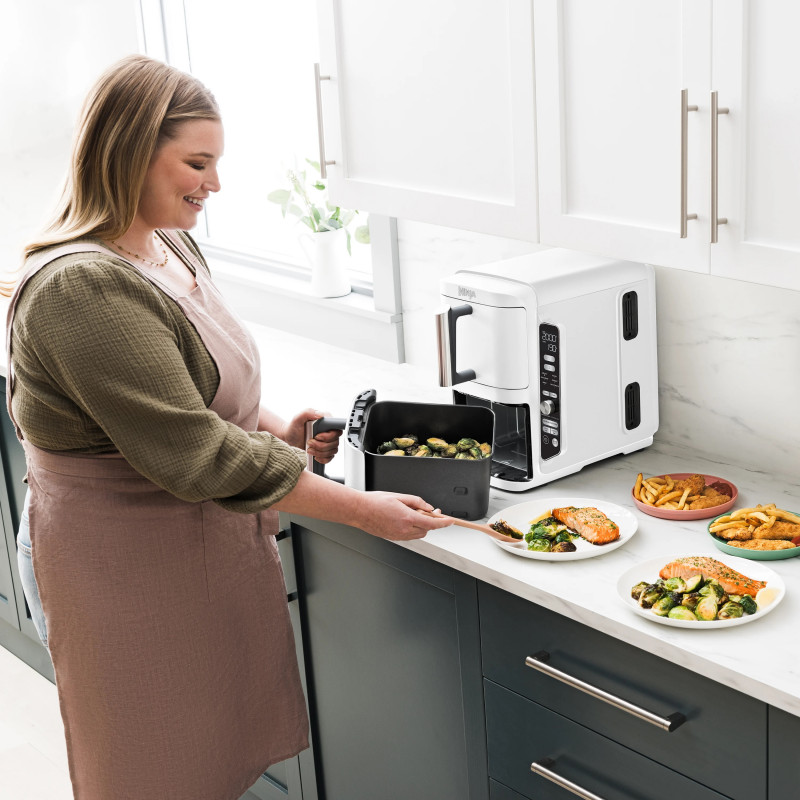 Friteuza dubla cu aer cald Ninja SL400EUWH, 2470 W, 9,5 L, 2 cosuri, 6 programe, Max Crisp, Functii Sync si Match, Alb