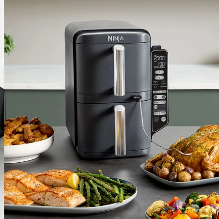 Friteuza dubla cu aer cald Ninja SL451EU, 2470W, 9.5L, Termometru digital, 2 cosuri, 6 programe, Max Crisp, Sync & Match, Gri