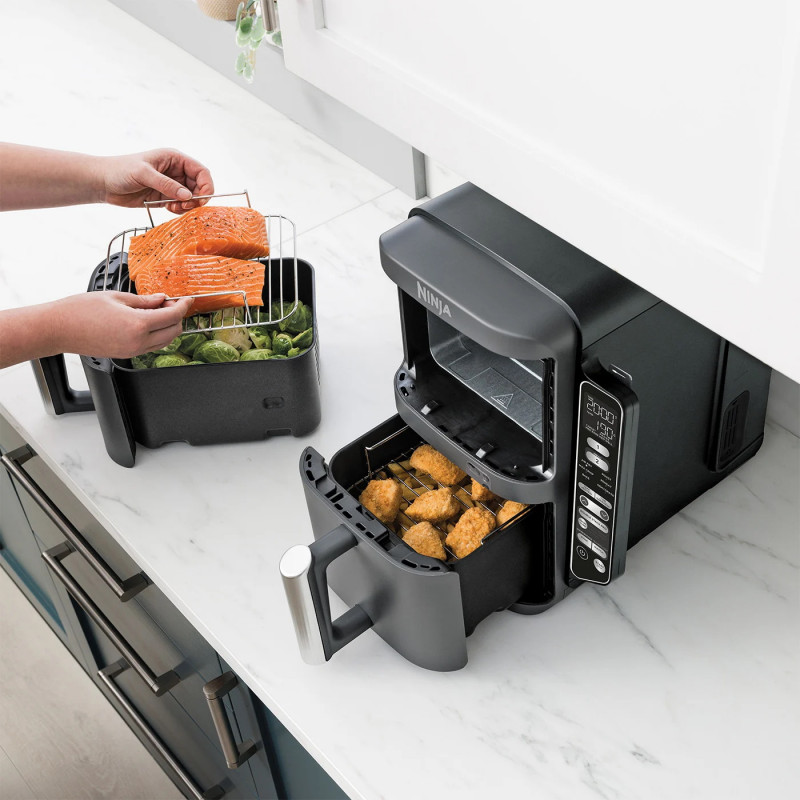 Friteuza dubla cu aer cald Ninja SL451EU, 2470W, 9.5L, Termometru digital, 2 cosuri, 6 programe, Max Crisp, Sync & Match, Gri
