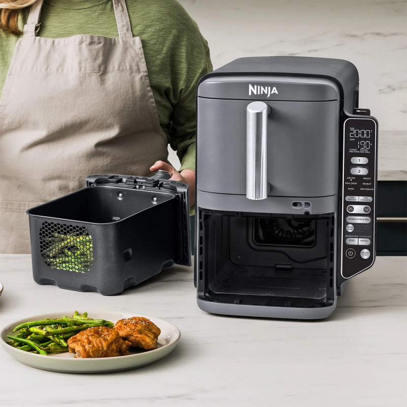 Friteuza dubla cu aer cald Ninja SL451EU, 2470W, 9.5L, Termometru digital, 2 cosuri, 6 programe, Max Crisp, Sync & Match, Gri