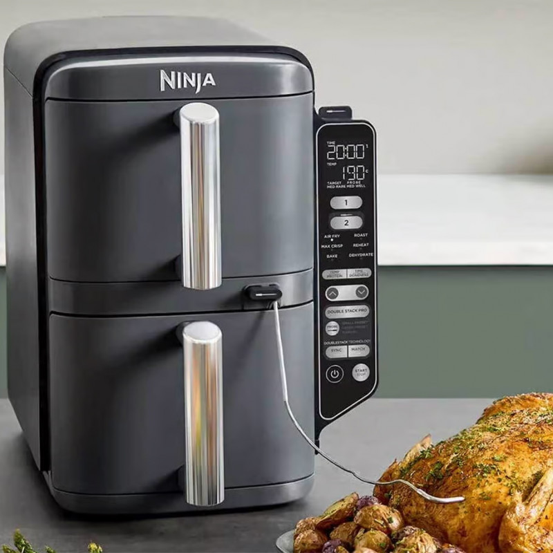 Friteuza dubla cu aer cald Ninja SL451EU, 2470W, 9.5L, Termometru digital, 2 cosuri, 6 programe, Max Crisp, Sync & Match, Gri