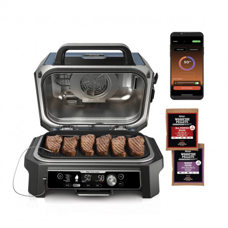 Gratar electric Ninja OG901EU, SMART, 1700W, 7 programe, 45x29 cm, 260C, Ceramica Plocha, Tehnologie Woodfire, IPX4, Negru/Albastru
